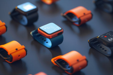 Stylish smartwatches and fitness trackers with health data and notifications are displayed on a dark background.の素材