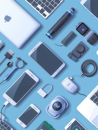 A flat lay image showing a variety of charging devices and stations for smartphones, laptops, and other gadgets.の素材