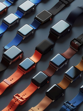 A close-up image of several smartwatches with different colored bands, showing health data and notifications on their screens.の素材