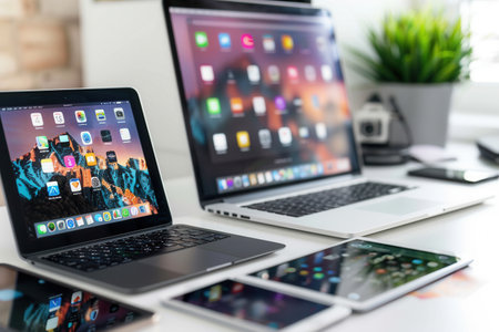 A close-up shot of modern laptops and tablets displaying colorful apps and work processes on their screens, perfect for showing technology advancements.の素材
