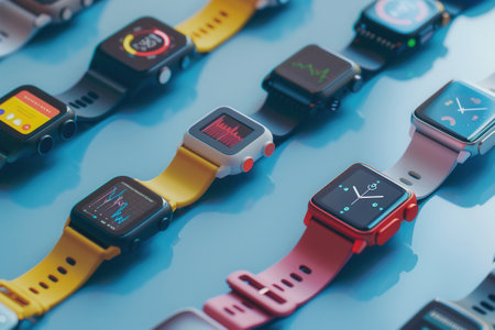 A close-up shot of several smartwatches and fitness trackers with vibrant colors and various displays showing health data and notifications.の素材