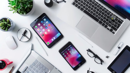 A sleek white desk with two modern laptops and a tablet, all displaying bright and colorful apps and work processes. Perfect for showing technology and productivity.の素材
