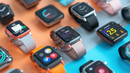 Close-up image of smartwatches displaying health metrics and notifications, set against a colorful background to showcase their sleek designs and features.の素材
