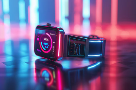 A modern smartwatch with a sleek design and a bright, vibrant display showing health data in a futuristic, neon-lit setting.の素材