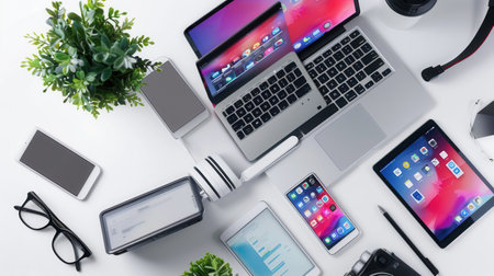 A sleek desk with modern laptops and tablets displaying vibrant app interfaces and work processes. Ideal for IT companies and electronics manufacturers.の素材