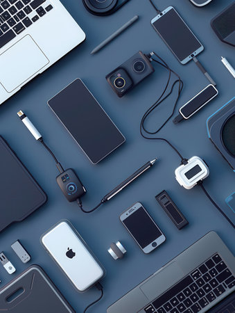 A top-down view showing a variety of modern devices and charging stations, highlighting the ease and efficiency of modern charging solutions.の素材