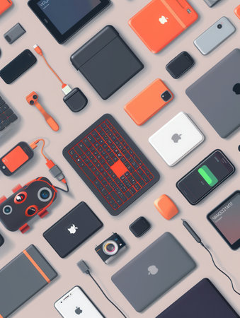 A flat lay showcasing a variety of charging devices and stations for laptops, smartphones, and other gadgets, highlighting the convenience and innovation of modern technology.の素材