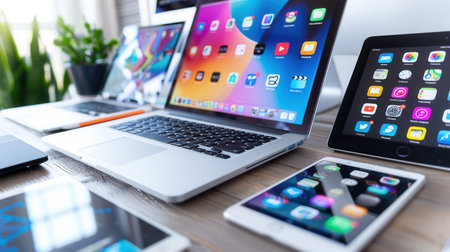 Modern laptops and tablets on a desk, displaying vibrant apps and work processes. Perfect for showcasing technology, IT companies, and electronics manufacturers.の素材