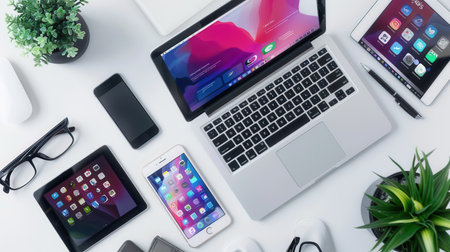 A modern laptop, tablet, and smartphone are displayed on a sleek white desk, showing vibrant apps and work processes on their screens.の素材