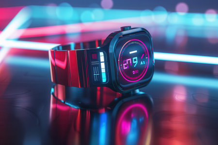 A stylish smartwatch rests on a reflective surface with vibrant neon lights in the background. The smartwatch displays various health data and notifications.の素材