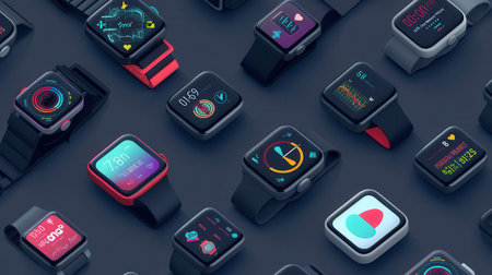 Close-up of smartwatches and fitness trackers displaying health data and notifications on dark blue background, creating a modern composition.の素材