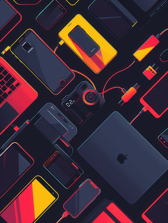 A variety of charging devices and stations for smartphones, laptops, and other gadgets.の素材