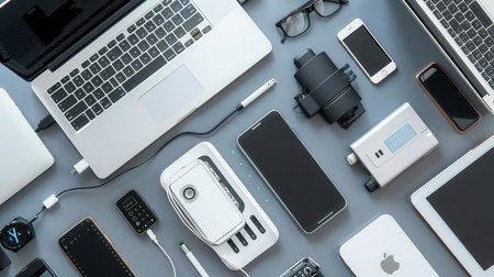 Display of modern charging solutions for phones and laptops, emphasizing convenience and innovation with different devices and stations.の素材