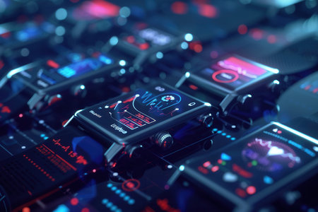 A close-up view of multiple smartwatches and fitness trackers with vibrant displays showing heart rate, activity levels, and notifications.の素材