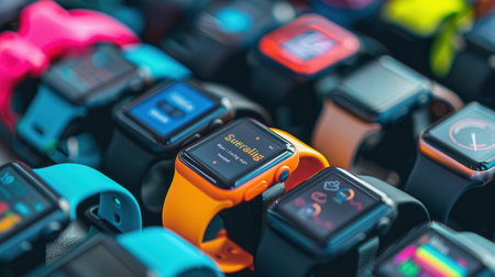 A close-up view of various colorful smartwatches, each with a display showing health data and notifications, highlighting the increasing integration of technology in daily life.の素材