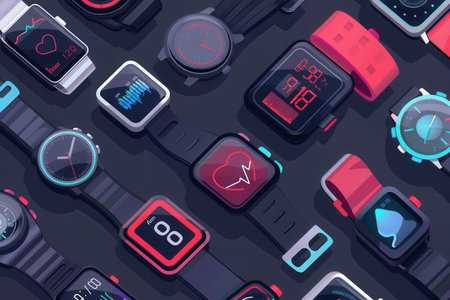 A variety of stylish smartwatches and fitness trackers with colorful displays showing health data, notifications, and time.の素材