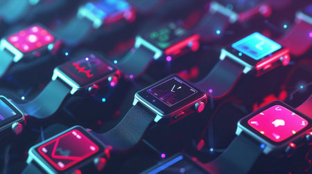 Close-up of various smartwatches and fitness trackers on a vibrant surface with neon light, displaying health info and notifications on their screens.の素材
