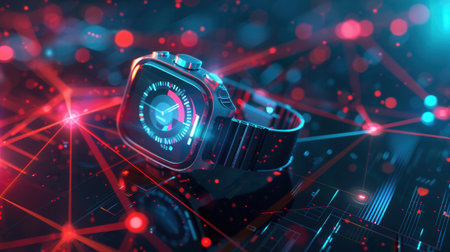 A close-up shot of a sleek smartwatch with a vibrant display showing health data and notifications, set against a modern, futuristic backdrop.の素材