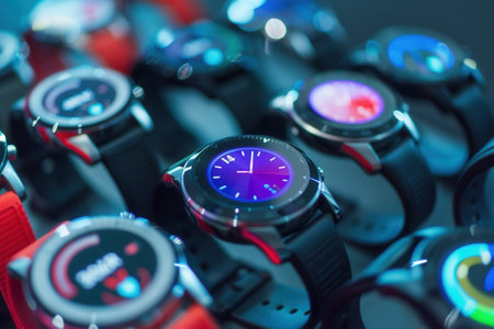 A close-up shot of a group of smartwatches displaying various health data and notifications on their digital screens.の素材