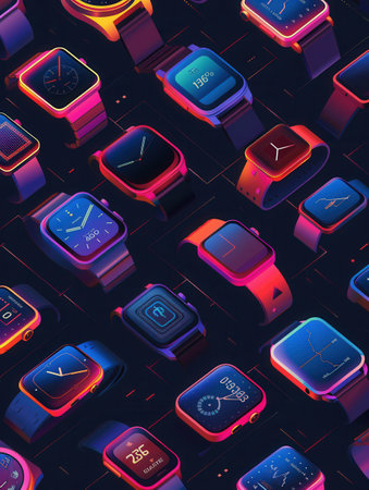 A colorful assortment of smartwatches and fitness trackers arranged on a stylish, textured background. The devices display various health data and notifications on their screens.の素材