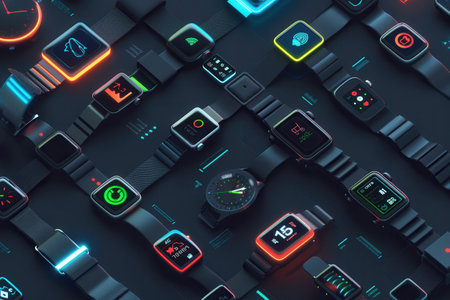 Stylish wearable gadgets with illuminated screens showcase health data and notifications against a modern background, highlighting the latest smart tech.の素材