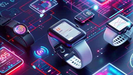 A close-up image of several wearable fitness trackers and smartwatches displaying health data and notifications on their screens.の素材