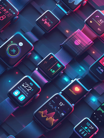 Modern smartwatches display health data, notifications, and more on vibrant screens. Arranged stylishly on a colorful background.の素材