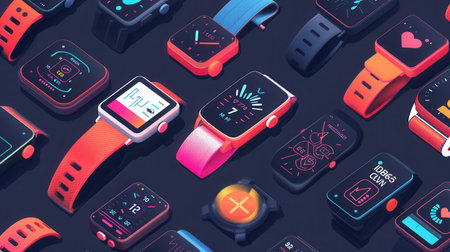 An assortment of stylish wearable gadgets, like smartwatches and fitness trackers, display health data and notifications on their screens against a dark background.の素材