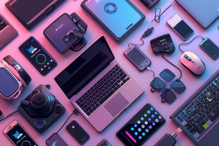 A diverse collection of charging devices and stations designed for smartphones, laptops, and various gadgets, showing the convenience and innovation of modern technology.の素材