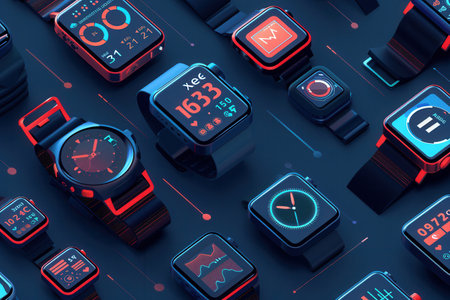 A collection of smartwatches and fitness trackers showcasing health data and notifications on their vibrant screens.の素材