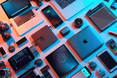 A flat lay showcasing various charging devices and stations for smartphones, laptops, and other gadgets.の素材