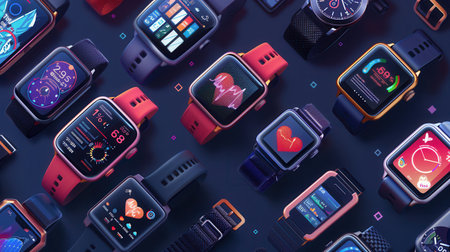 A flat lay photo showing a variety of smartwatches and fitness trackers with bright, colorful displays, each showing health data and notifications.の素材