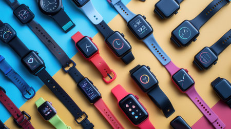 An assortment of smartwatches and fitness trackers arranged on a colorful background, showing health data, notifications, and time displays on their screens.の素材