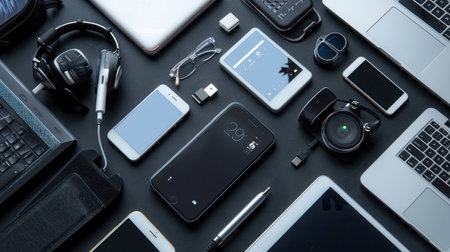 A flat lay of various devices, including smartphones, laptops, tablets, and headphones, being charged on a black surface.の素材