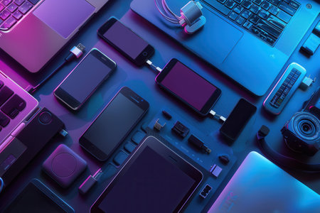 A close-up view of various charging devices and stations, including smartphones, laptops, and other gadgets, showing the convenience and innovation of modern technology.の素材