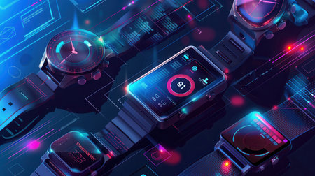 A close-up image of stylish wearable gadgets, including smartwatches and fitness trackers, showing health data and notifications on their digital displays.の素材