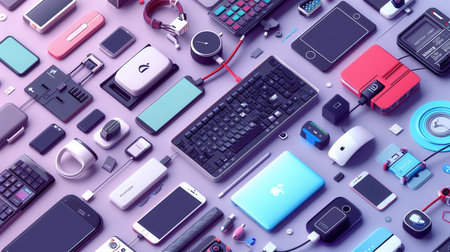 An array of charging devices and stations, including wireless chargers, power banks, and charging docks, designed to power smartphones, laptops, and other gadgets.の素材