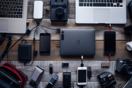 Close-up photo of devices charging on wooden surface, showing modern lifestyle with multiple charging stations and devices, emphasizing tech convenience.の素材