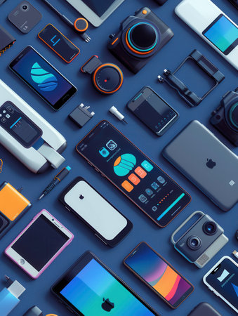 A flat lay showcasing a variety of charging devices and accessories, including wireless charging pads, power banks, and charging cables.の素材