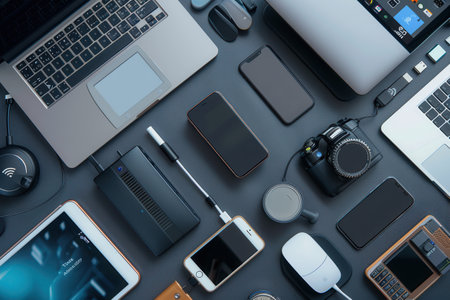 Flat lay image of charging devices for smartphones, laptops, and gadgets, conveying convenience and innovation, perfect for charging device manufacturers.の素材