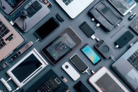 A flat lay showcasing various charging devices and stations for smartphones, laptops, and other gadgets.の素材