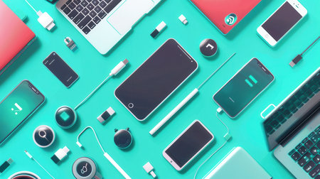 A flat lay showcasing a variety of wireless charging devices and stations, ideal for charging smartphones, laptops, and other gadgets.の素材