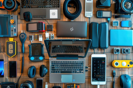 A top-down view of a wooden table showcasing a wide array of charging devices and stations, perfect for powering smartphones, laptops, and other modern gadgets.の素材