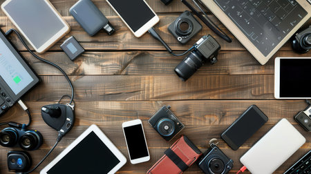 A variety of charging devices and stations for smartphones, laptops, and other gadgets, showing the convenience and innovation of modern charging technology.の素材