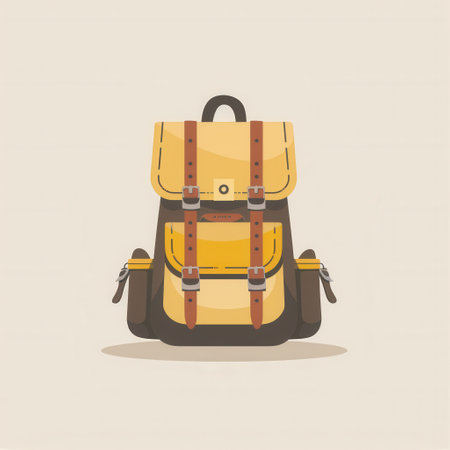 An illustration of a stylized backpack in yellow and brown, symbolizing travel and adventure against a simple background.の素材