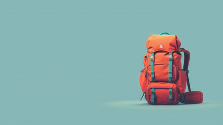 A minimalist image showing a bright orange backpack on a simple, light blue backdrop. This simple yet impactful image symbolizes adventure, travel, and exploration.の素材