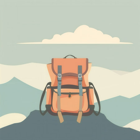 A stylized illustration of an orange backpack resting on a mountaintop against a cloudy sky. The minimal background highlights the backpack and symbolizes travel and adventure.の素材