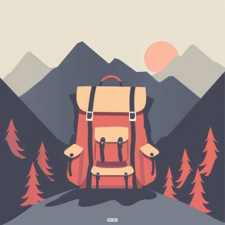 A minimalist illustration of a red backpack in front of a mountain range at sunset.の素材