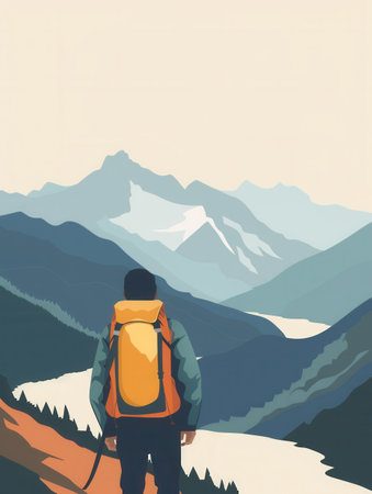A stylized illustration of a lone hiker with a backpack overlooking a beautiful valley in the mountains.の素材