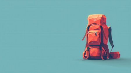 A minimalist image featuring a stylized red backpack against a teal background. The backpack symbolizes travel and adventure.の素材